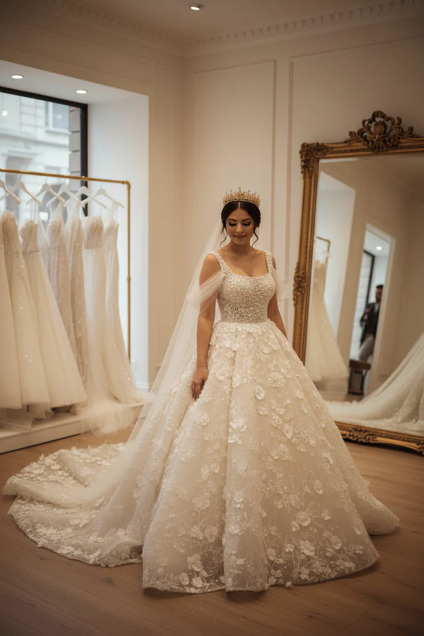 G21-030 Blanco Marfil Princesa Encaje Vestido de novia — Vista frontal completa