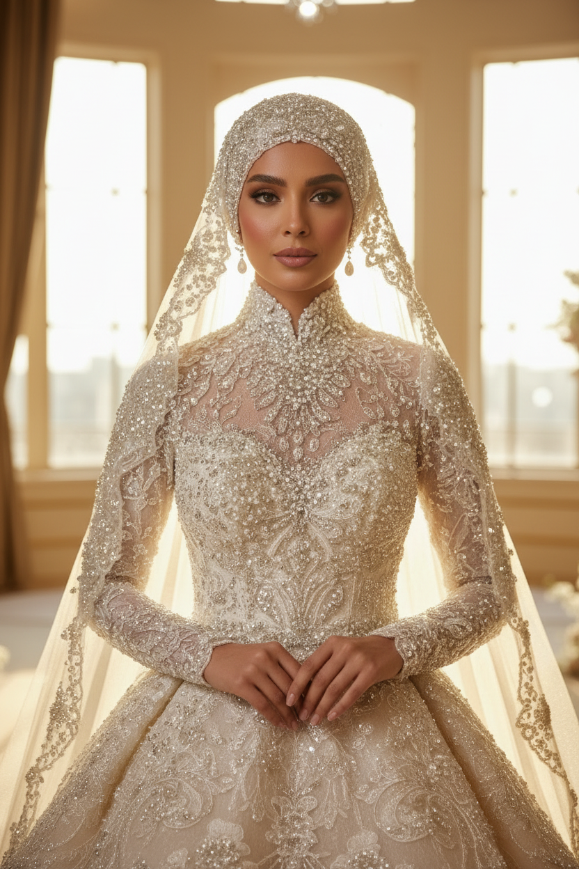 G21-008 Alta costura royal modesta Vestido de novia — Detalle de bordado de cristal en el corpiño superior