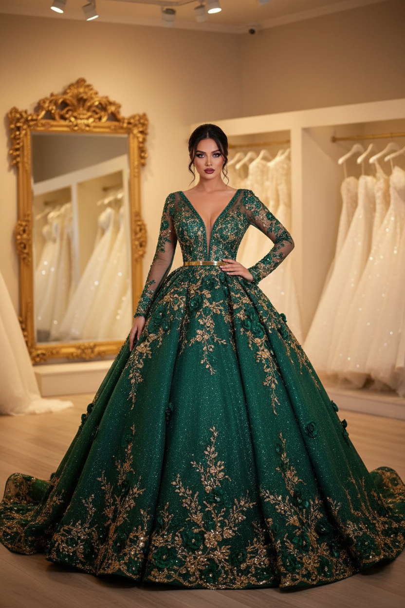 G21-NS-003 Verde esmeralda Dorado Cristal Línea A Vestido de compromiso — Vista frontal