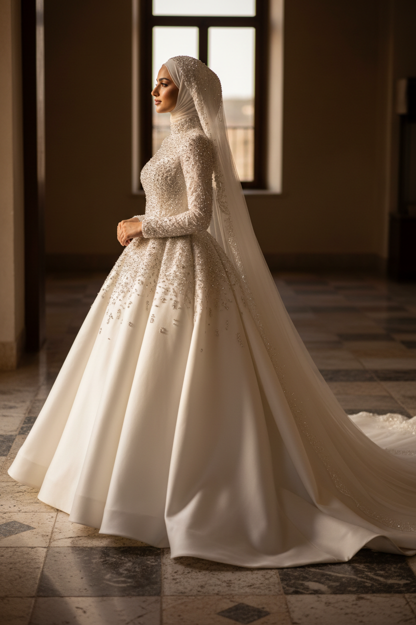 G21-016 Modesto Alta costura Vestido princesa — Perfil lateral con Hijab
