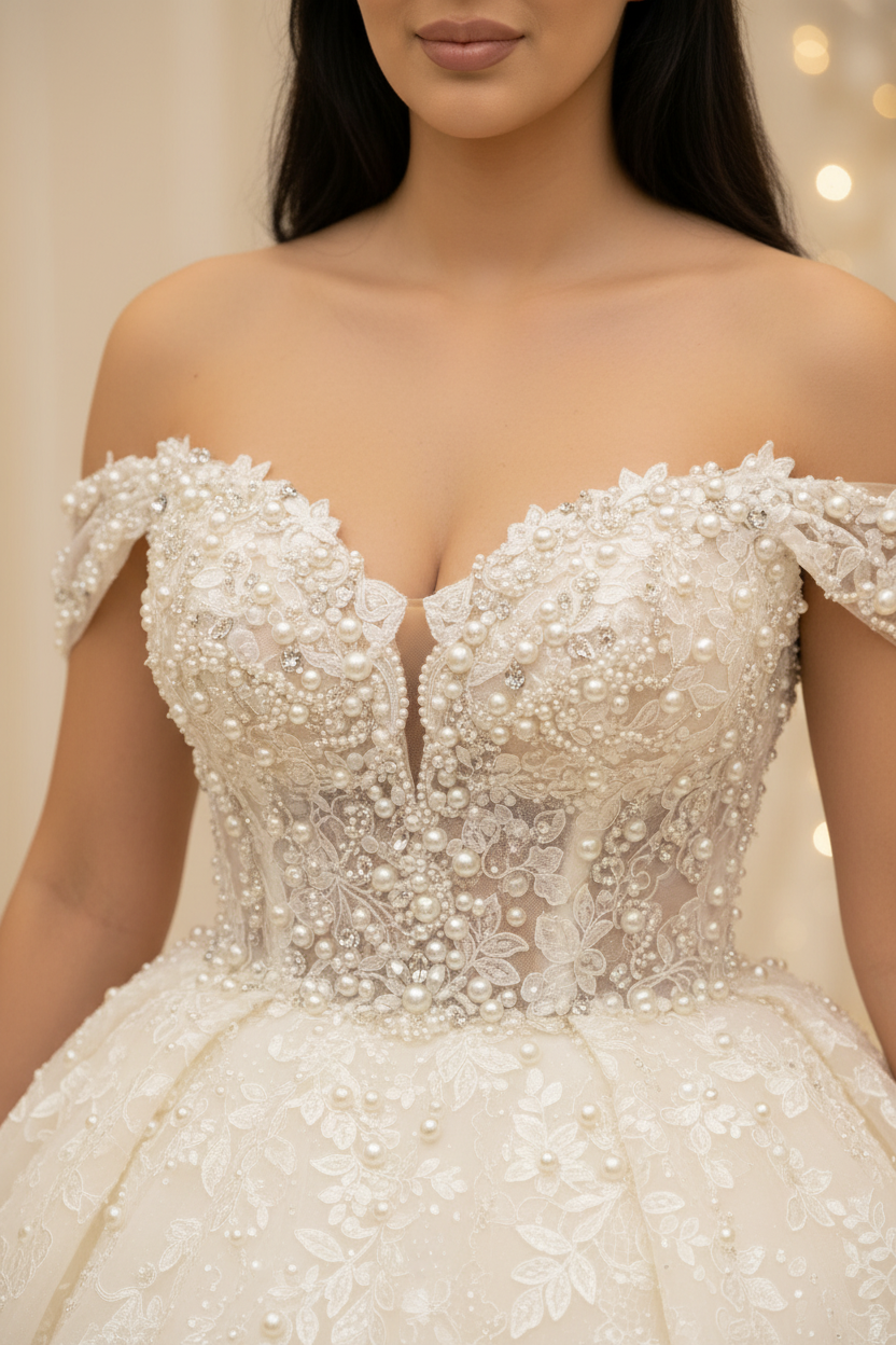G21-001 Marfil blanco roto Vestido princesa — Encaje con pedrería & Cristal y perla Detalle
