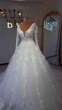 G21-032A - Vestido de novia princesa de encaje marfil - GELİNLİK21