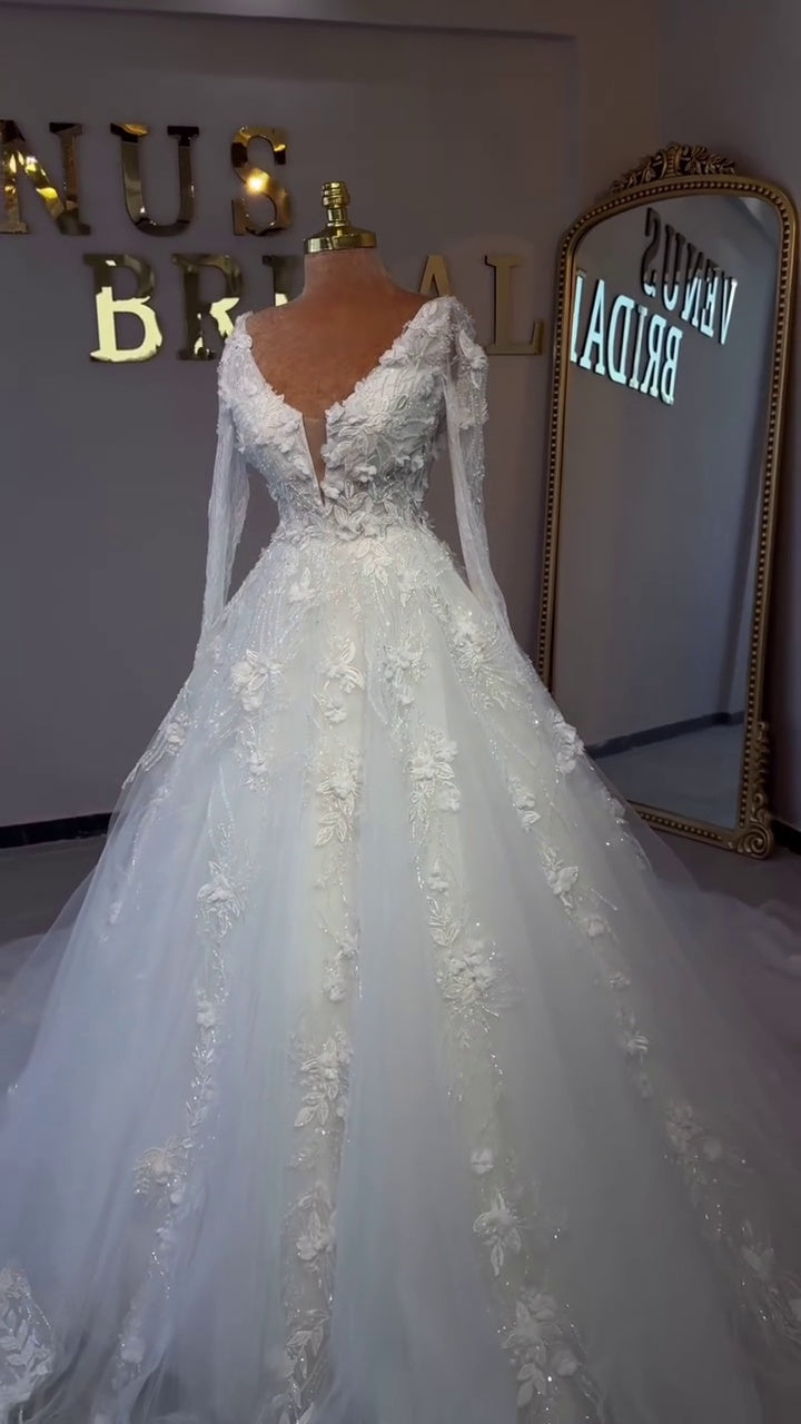 G21-032A - Vestido de novia princesa de encaje marfil - GELİNLİK21