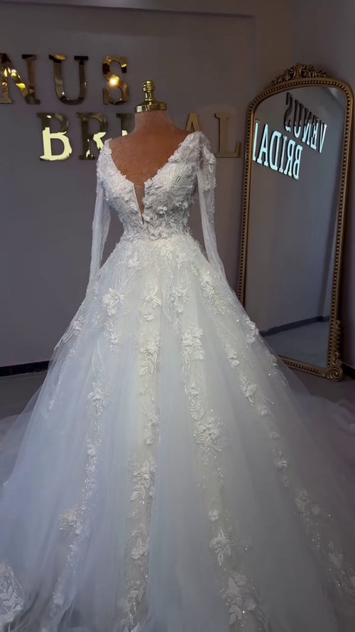 G21-032A - Vestido de novia princesa de encaje marfil - GELİNLİK21