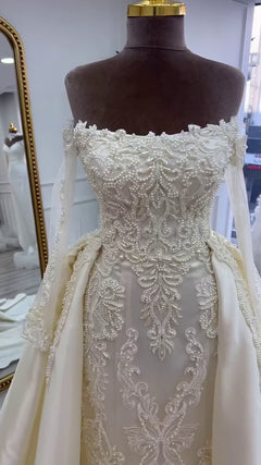 G21-050A - Vestido de novia princesa de encaje marfil - GELİNLİK21