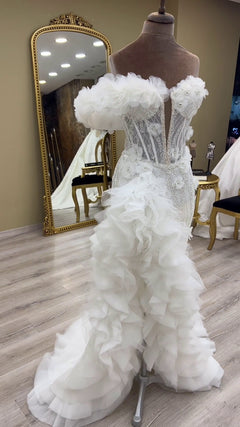 G21-060A - Vestido de novia princesa de encaje marfil - GELİNLİK21
