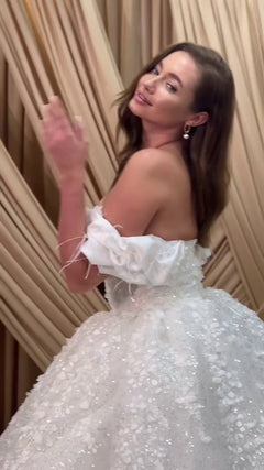 G21-076A - Vestido de novia princesa de encaje marfil con pedrería - GELİNLİK21