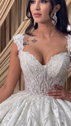 G21-077A - Vestido de novia princesa de encaje marfil con pedrería - GELİNLİK21