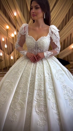 G21-078A - Vestido de novia princesa de encaje color champán con pedrería - GELİNLİK21