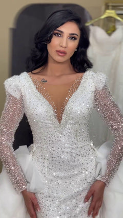 G21-080A - Vestido de novia princesa de encaje marfil con pedrería - GELİNLİK21