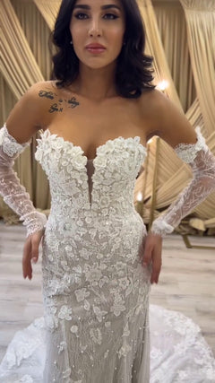 G21-081A - Vestido de novia princesa de encaje color champán con pedrería - GELİNLİK21