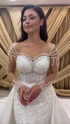 G21-085A - Vestido de novia princesa de encaje marfil con pedrería - GELİNLİK21
