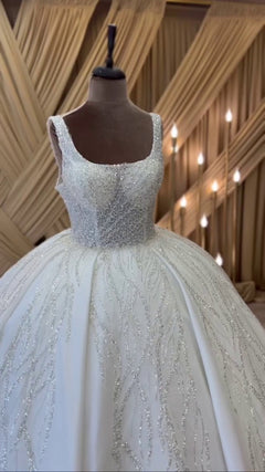 G21-086A - Vestido de novia princesa de encaje marfil suave con pedrería - GELİNLİK21
