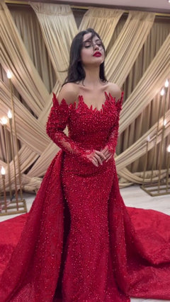 G21-090A - Vestido de novia princesa de encaje carmesí con pedrería - GELİNLİK21