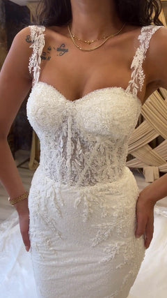 G21-091A - Vestido de novia princesa de encaje marfil con pedrería - GELİNLİK21