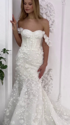 G21-094A - Vestido de novia princesa de encaje marfil con pedrería - GELİNLİK21