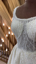 G21-095A - Vestido de novia princesa de encaje marfil suave con pedrería - GELİNLİK21