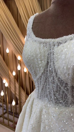 G21-095A - Vestido de novia princesa de encaje marfil suave con pedrería - GELİNLİK21