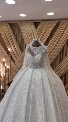 G21-097A - Vestido de novia princesa de encaje marfil suave con pedrería - GELİNLİK21