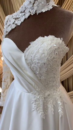 G21-098A - Vestido de novia princesa de encaje marfil con pedrería - GELİNLİK21