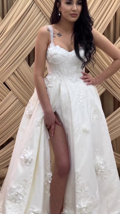 G21-101A - Vestido de novia princesa de encaje marfil con pedrería - GELİNLİK21