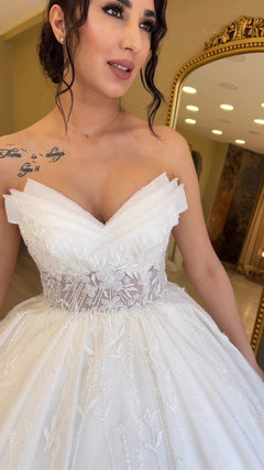 G21-102A - Vestido de novia princesa de encaje marfil con pedrería - GELİNLİK21