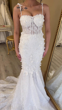 G21-103A - Vestido de novia princesa de encaje marfil con pedrería - GELİNLİK21