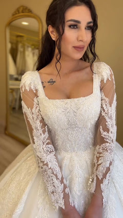G21-104A - Vestido de novia princesa de encaje marfil con pedrería - GELİNLİK21