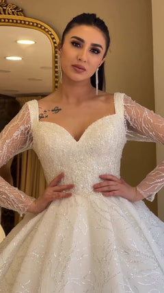 G21-105A - Vestido de novia princesa de encaje marfil con pedrería - GELİNLİK21