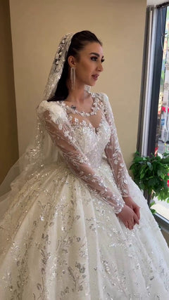 G21-106A - Vestido de novia princesa de encaje marfil con pedrería - GELİNLİK21
