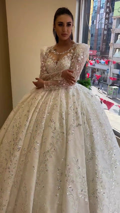 G21-110A - Vestido de novia princesa de encaje marfil con pedrería - GELİNLİK21