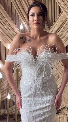G21-112A - Vestido de novia princesa de encaje marfil suave con pedrería - GELİNLİK21