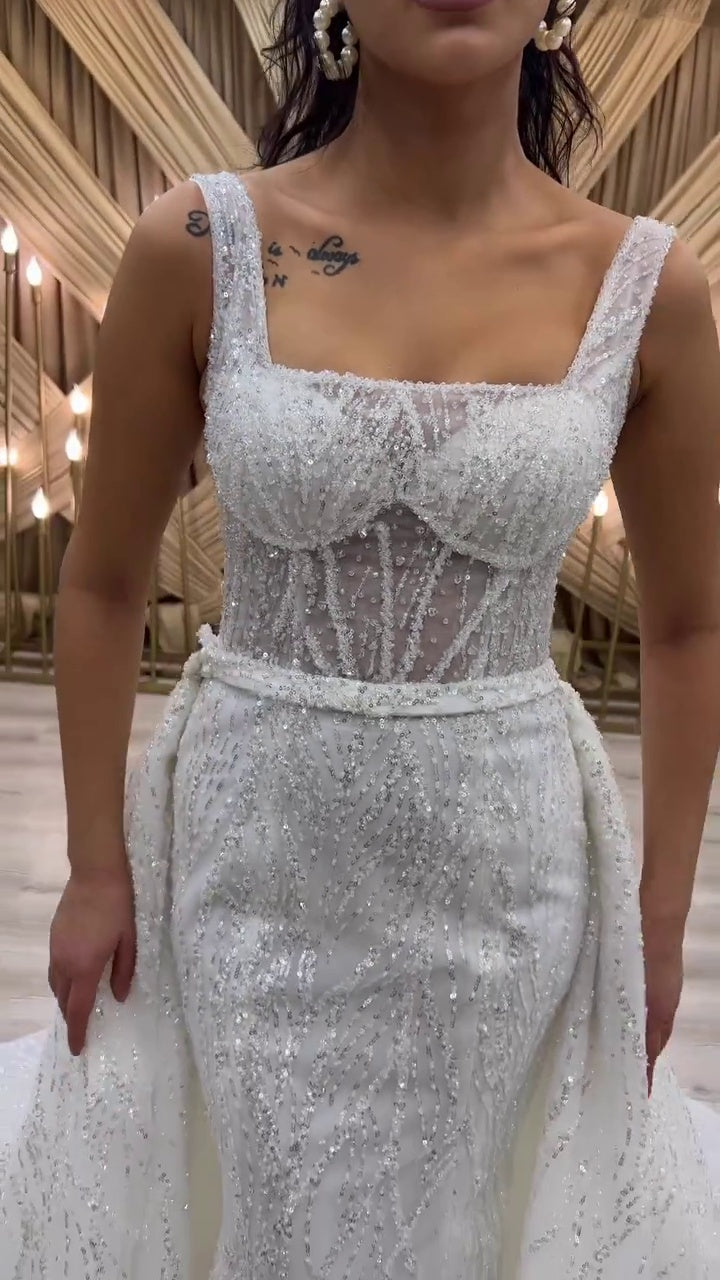 G21-113A - Vestido de novia princesa de encaje marfil suave con pedrería - GELİNLİK21