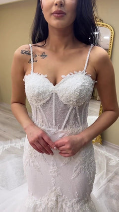 G21-115A - Vestido de novia princesa de encaje marfil con pedrería - GELİNLİK21