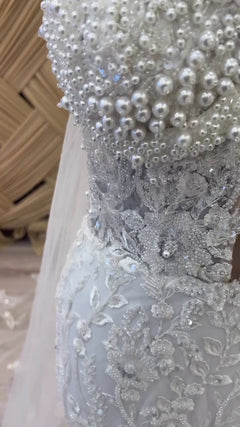 G21-116A - Vestido de novia princesa de encaje marfil suave con pedrería - GELİNLİK21
