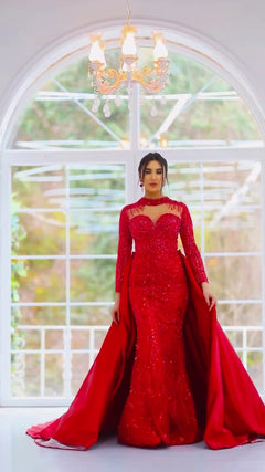 G21-118A - Vestido de novia princesa de encaje carmesí con pedrería - GELİNLİK21