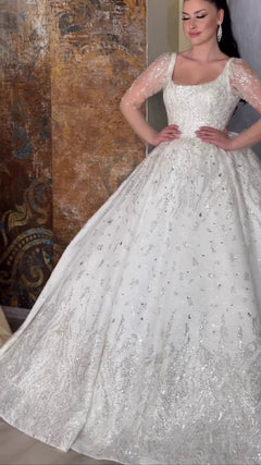 G21-120A - Vestido de novia princesa de encaje marfil con pedrería - GELİNLİK21
