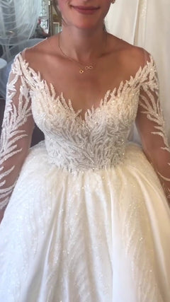 G21-121A - Vestido de novia princesa de encaje marfil con pedrería - GELİNLİK21
