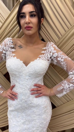 G21-129A - Vestido de novia princesa de encaje marfil con pedrería - GELİNLİK21