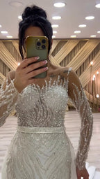 G21-130A - Vestido de novia princesa de encaje marfil suave con pedrería - GELİNLİK21