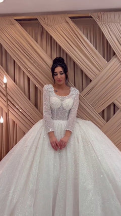 G21-131A - Vestido de novia princesa de encaje marfil suave con pedrería - GELİNLİK21
