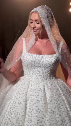 G21-133A - Vestido de novia princesa de encaje marfil con pedrería - GELİNLİK21