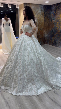 G21-135A - Vestido de novia princesa de encaje marfil suave con pedrería - GELİNLİK21