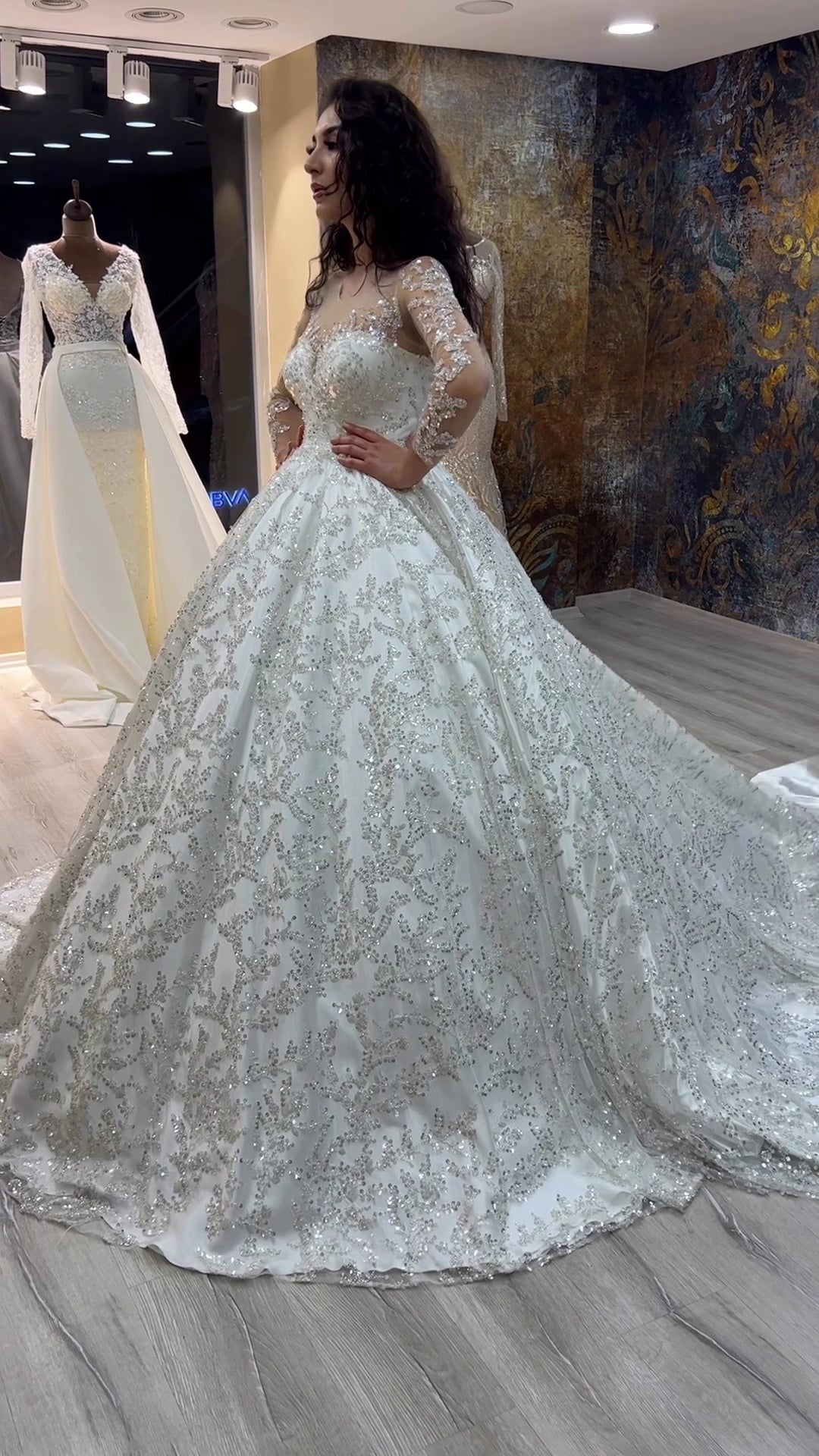 G21-135A - Vestido de novia princesa de encaje marfil suave con pedrería - GELİNLİK21