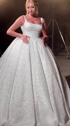 G21-136A - Vestido de novia princesa de encaje marfil suave con pedrería - GELİNLİK21