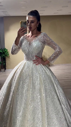 G21-137A - Vestido de novia princesa de encaje marfil suave con pedrería - GELİNLİK21