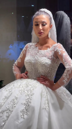 G21-138A - Vestido de novia princesa de encaje marfil suave con pedrería - GELİNLİK21