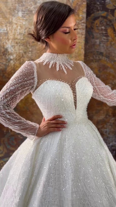 G21-140A - Vestido de novia princesa de encaje marfil suave con pedrería - GELİNLİK21