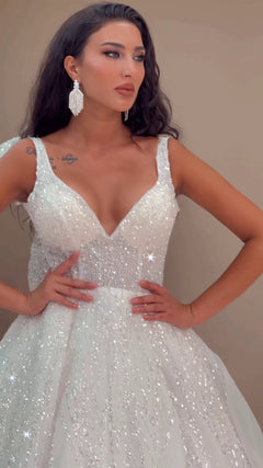G21-144A - Vestido de novia princesa de encaje marfil suave con pedrería - GELİNLİK21