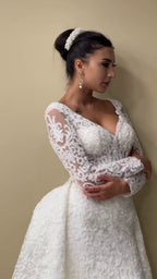 G21-145A - Vestido de novia princesa de encaje marfil con pedrería - GELİNLİK21